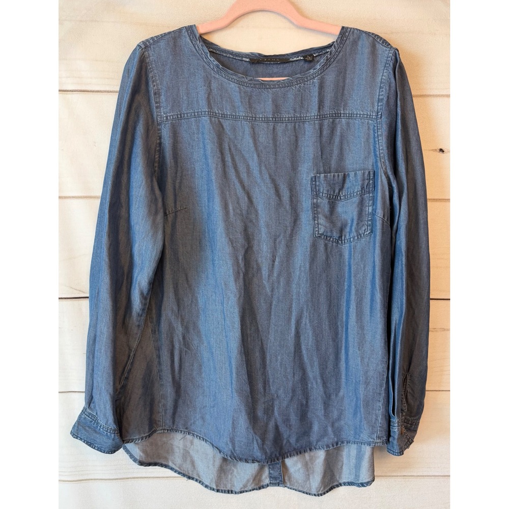 Cyrus Womens Blue 100% Tencel Chambray Button Back Long Sleeve Top E201612 L